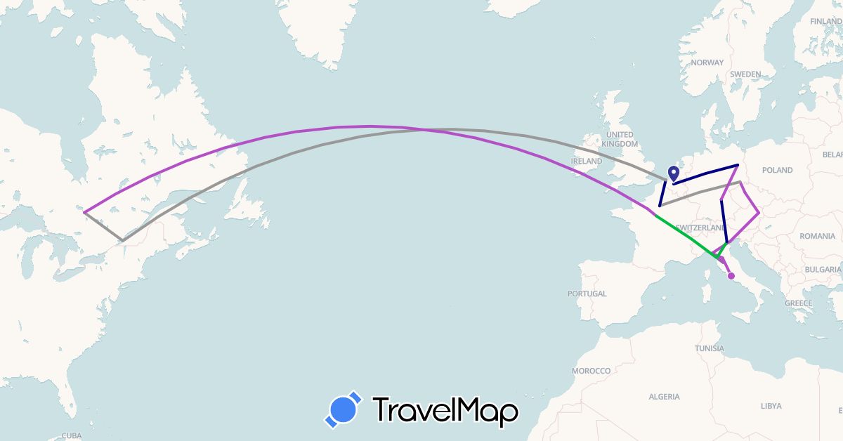 TravelMap itinerary: driving, bus, plane, train in Austria, Belgium, Canada, Czech Republic, Germany, France, Italy (Europe, North America)
